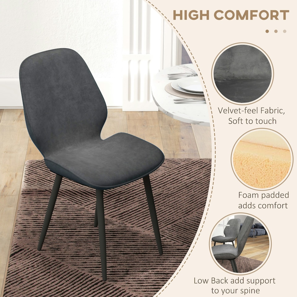 image 1 of HOMCOM Dining Chairs Set of 2 Upholstered Kitchen Chairs w/ Metal Legs Grey