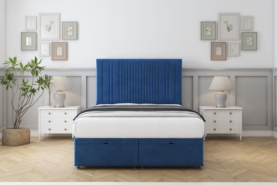 image 1 of Sloomy Kingsley Navy Plush Ottoman Bed Base With 54" Floor Standing Headboard 3' Single | Blue | Navy | Single | 1