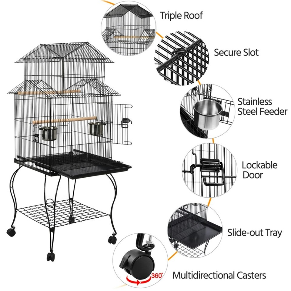 image 1 of Yaheetech 140 cm Tall Triple Roof Rolling Bird Cage with Detachable Stand Black
