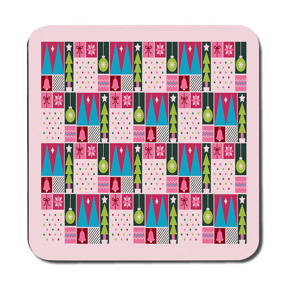 image 1 of Pink Christmas Placemat Coaster Set With Festive Geometric Pattern
