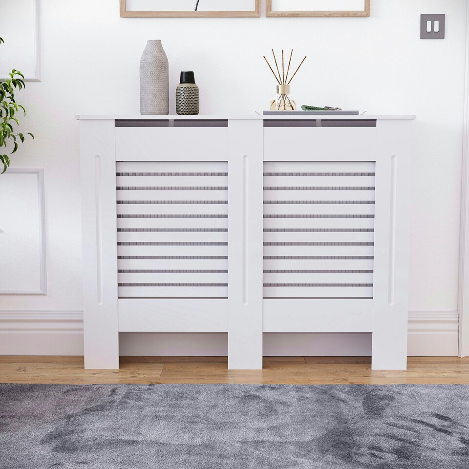 image 1 of Vida Designs Milton Radiator Cover Painted MDF Slatted Cabinet, White, 111cm