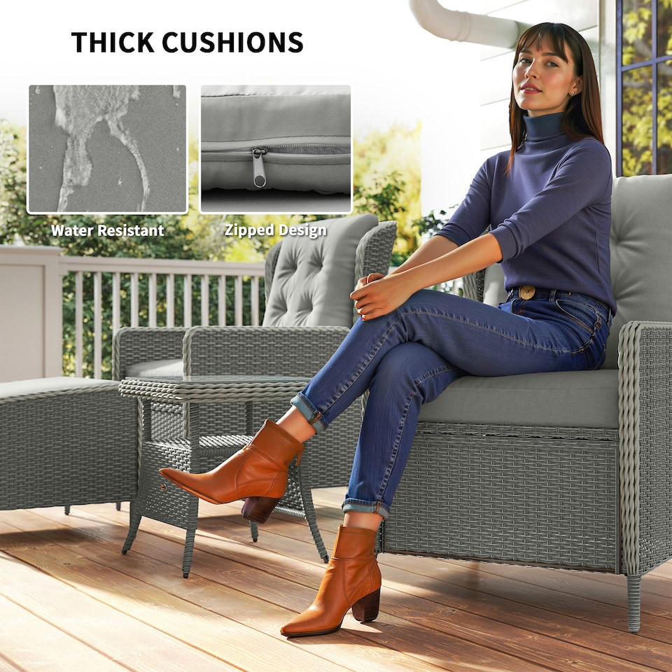 image 1 of Outsunny 5 Piece Rattan Garden Furniture Set with Recliner Chairs, Wicker Patio Conversation Set with Footstools, 2-Tier Glass Top Coffee Table, Cushions for Outdoor, Balcony, Porch, Charcoal Grey