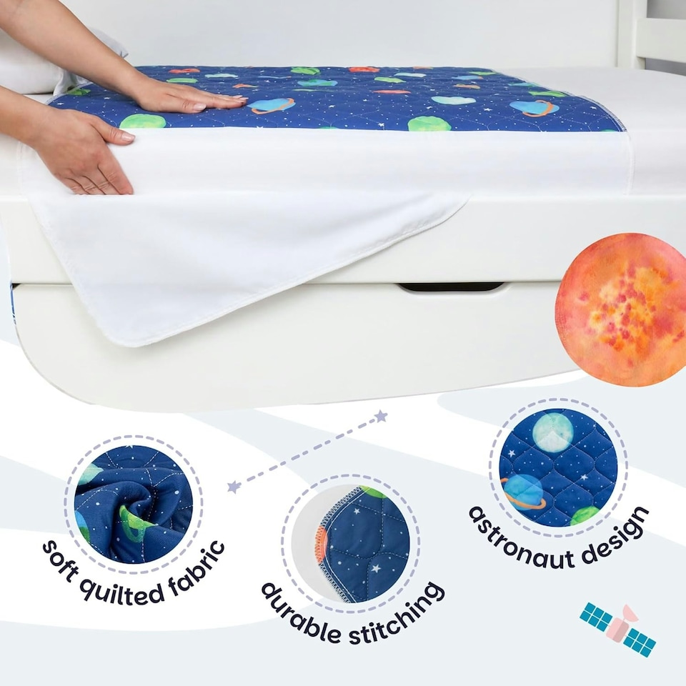 image 1 of Toddler Potty Training Bed Pad with Tucks - Soft Waterproof Bedwetting Pee Protector Mat for Kids - Multi-Layer Non-Slip Washable Absorbs Up to 2000ml 90 x 85cm Blue | Astronaut | Single