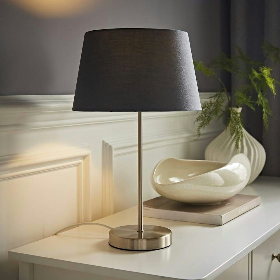 image 1 of ValueLights Modern Satin Silver Table Lamp With Grey Shade | Grey