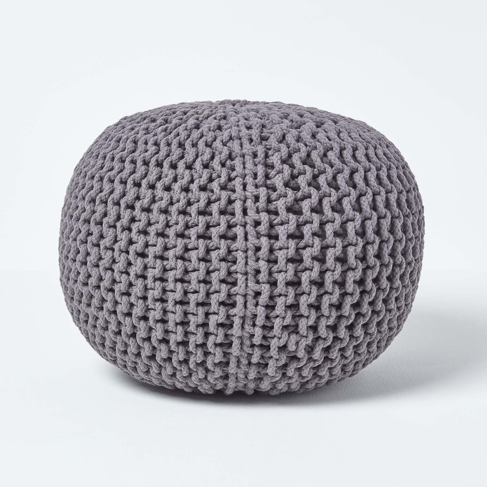 image 1 of Homescapes Sea Grey Round Cotton Knitted Pouffe Footstool - 35 x 40 cm | Grey | H 35cm x W 40cm