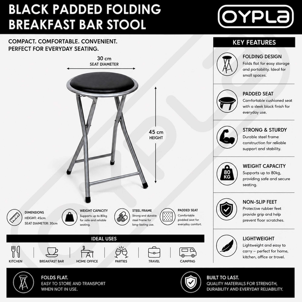 image 1 of Black Padded Folding Breakfast Kitchen Bar Stool Seat | Black