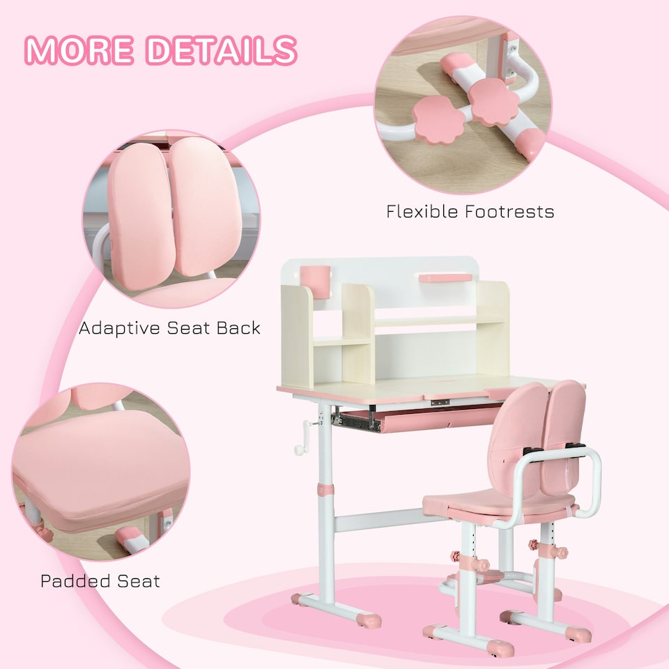 image 1 of HOMCOM Kids Desk and Chair Set with Storage Shelves, Washable Cover - Pink 