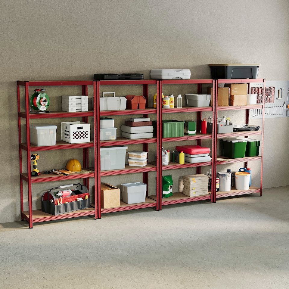 image 1 of Home Vida 5 Tier Large Heavy Duty Garage Shelves Adjustable Steel Shelving Storage Units - Red - Holds Upto 875kg Per Bay - 4 Bays
