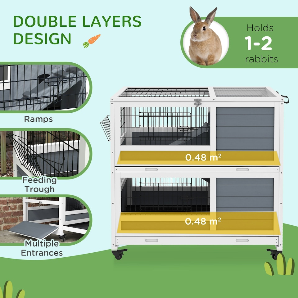 image 1 of PawHut Rabbit Hutch, Indoor Wooden House w/ Wheels, Trays, Grey