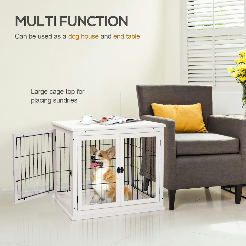 image 1 of PawHut Dog Crate Puppy Cage End Table Design for Medium Dog White