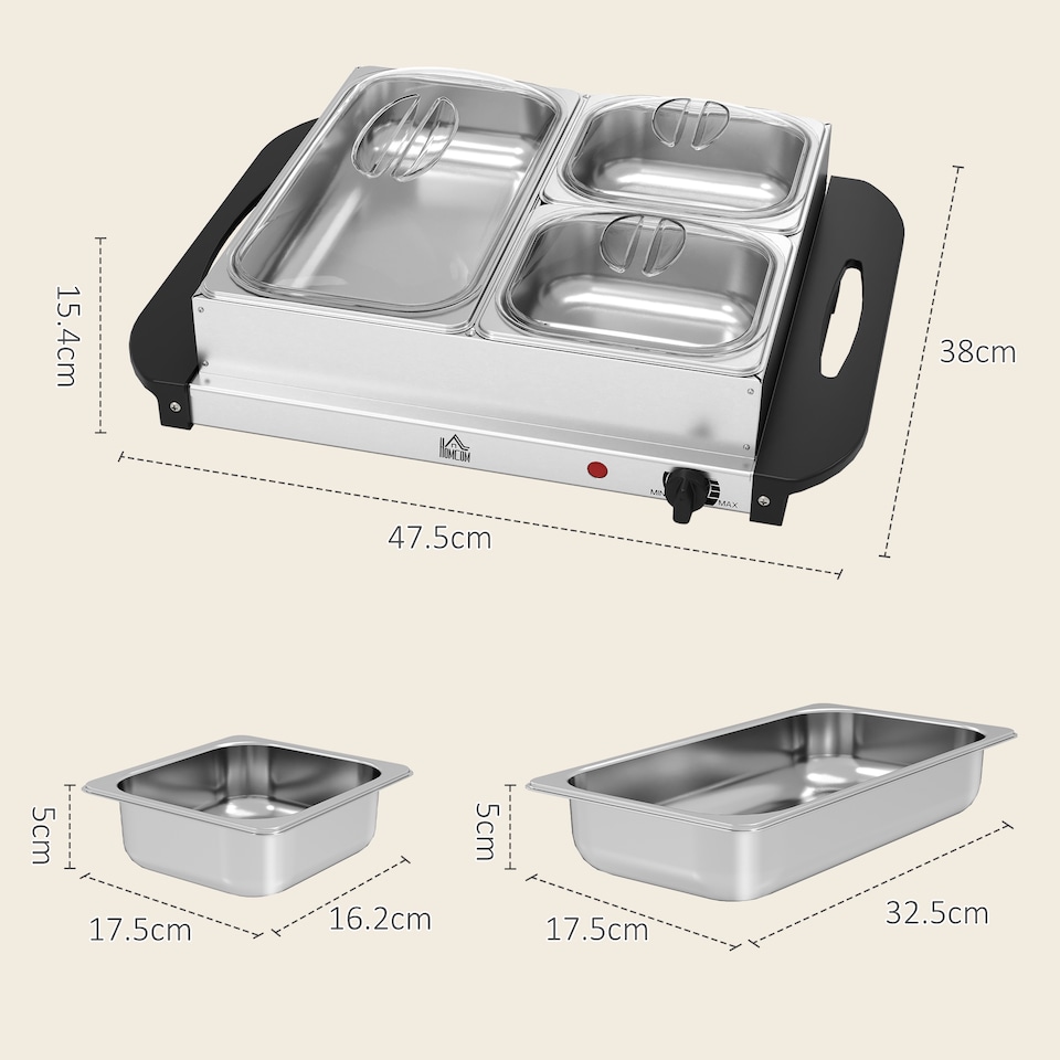 image 1 of HOMCOM 3 Tray Electric Food Warmer Buffet Server with Warming Plate, Cool Touch Handles, Adjustable Temperature, 300W, 1 x 2.5L and 2 x 1L Pans