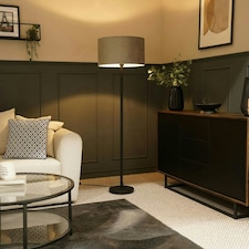 ValueLights Charlie Black Floor Lamp Grey Velvet Shade 