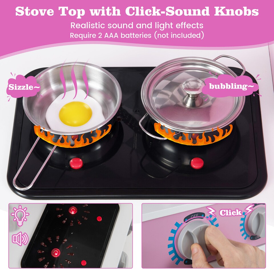 image 1 of COSTWAY Pretend Play Kitchen Kids Wooden Toy Set Kitchen Accessory Playset Pink