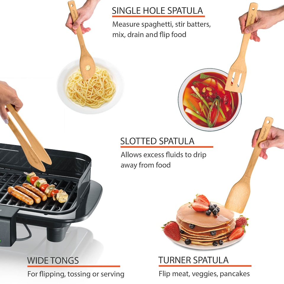 image 1 of BlauKe Wooden Kitchen Utensils Set of 8 - Non-Stick Bamboo Cooking Utensils - Wooden Spatulas, Wooden Spoons, Tong, Utensil Holder