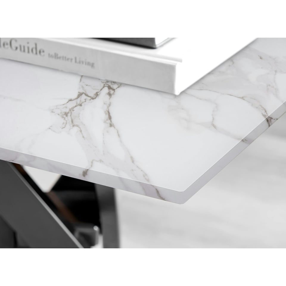 image 1 of Furniturebox Leonardo Side Table White Glass Marble Effect Top Black Legs