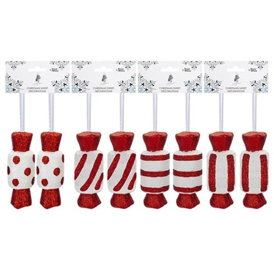 Assorted Christmas Red & White Glitter Candy Cane Sweets Hanging Tree Decorations - Pack of 2