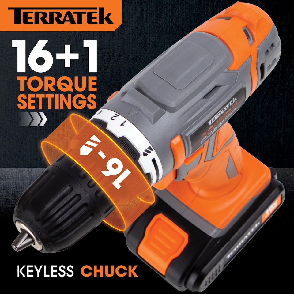 image 1 of Terratek 18V Cordless Power Drill Screwdriver Set & Drill Bit Battery & Case | Grey | Grey | 190.00 | 1