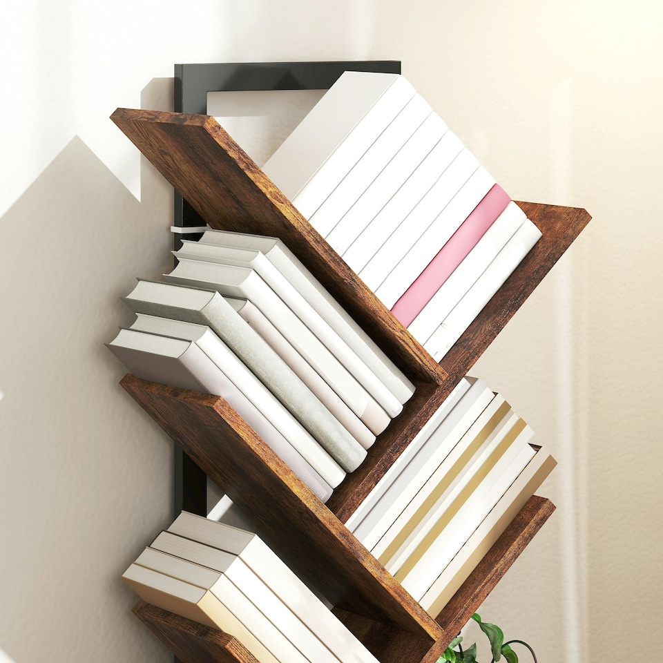 image 1 of HOMCOM 9-Tier Tree Bookshelf with Steel Frame for Living Room, Rustic Brown