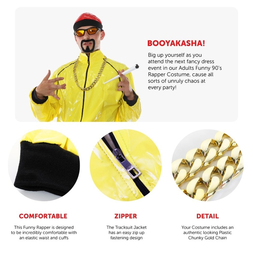 image 1 of 90's Rapper Costume - Red Hat, Glasses, Goatee, Chain & Spliff Yellow | 2XL