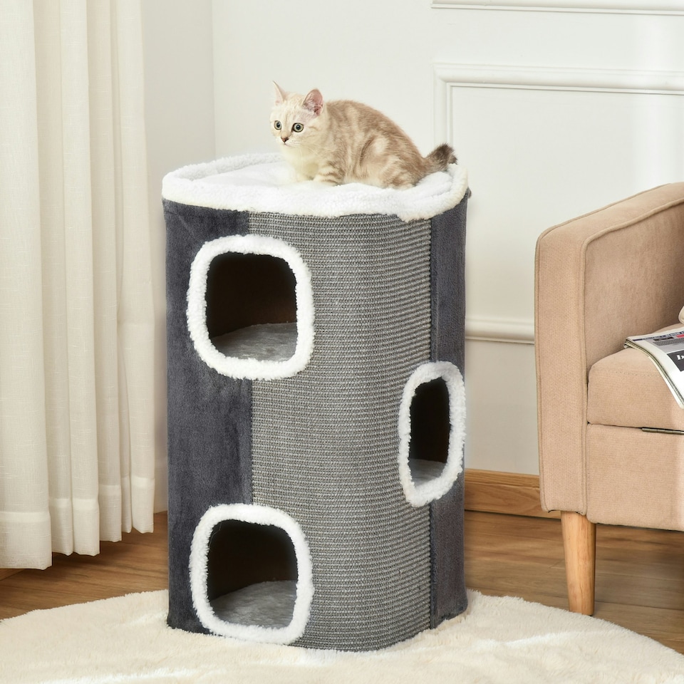 image 1 of PawHut Cat Barrel Scratching Post Tree, Plush Fleece Indoor Cat Tower, Grey