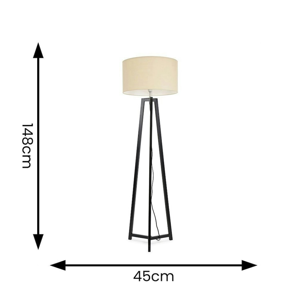 image 1 of ValueLights Lottie Black Wood Tripod Floor Lamp with Natural Fabric Drum Shade | Cream