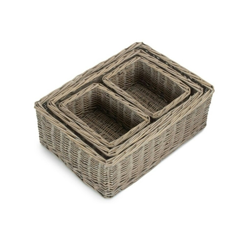 image 1 of Set of 4 Wicker Grey Wash Storage Tray Brown