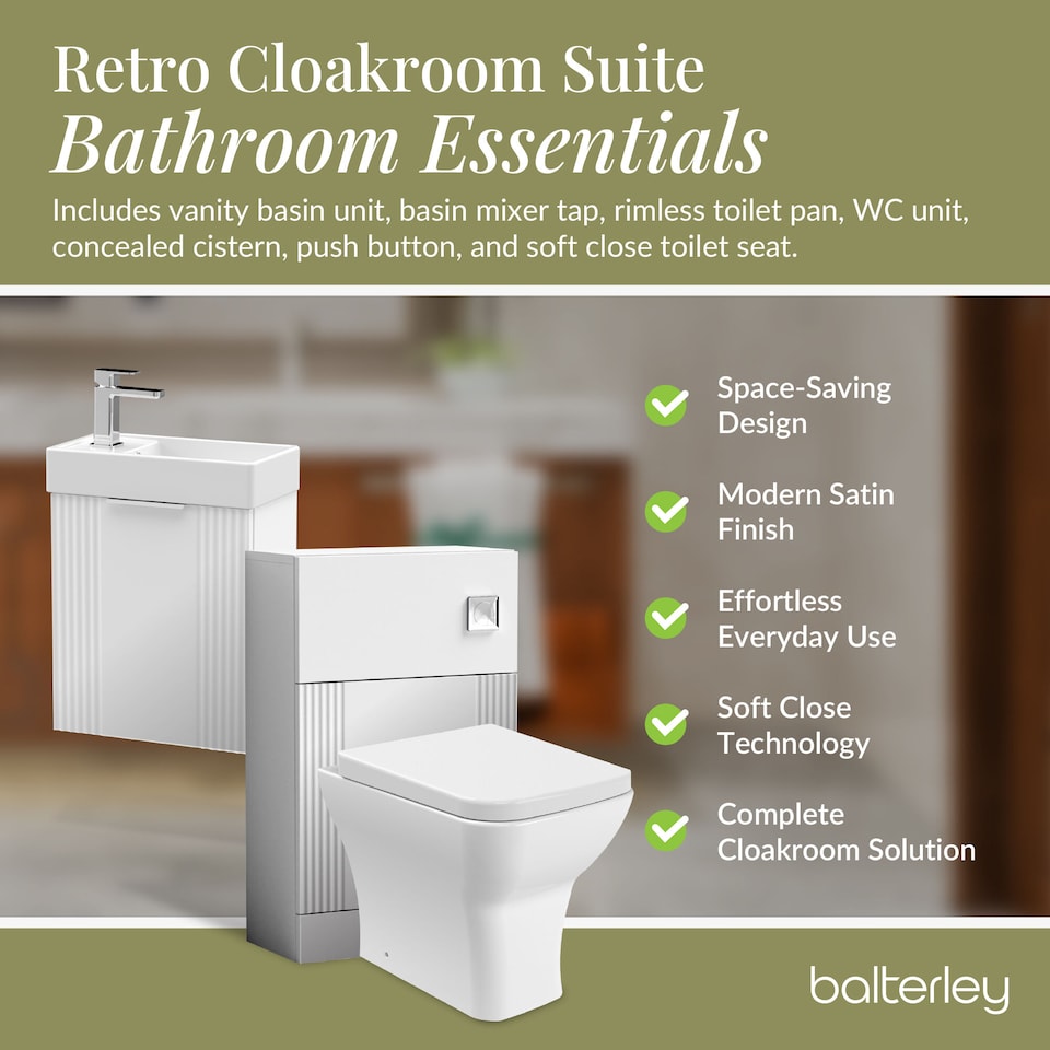 image 1 of Balterley Cloakroom Suite - Wall Hung Basin Unit, Toilet & Tap | White | Satin White | 438 x 400 x 222mm