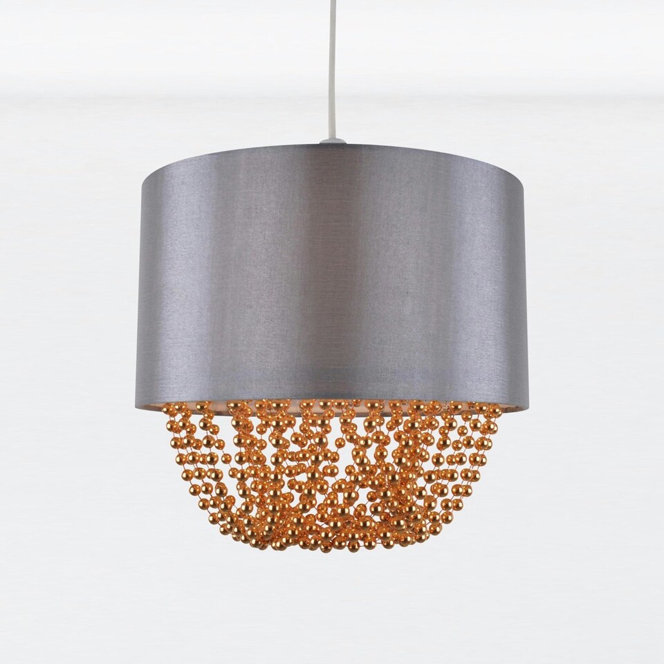 image 1 of First Choice Lighting Grey Faux Silk & Copper Jewelled Ceiling Light Shade Grey | Copper