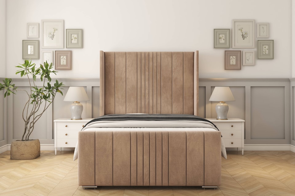 image 1 of Sloomy Hargrave Mink Naples Bed Frame With 50"  Upholstered Wingback Headboard 4'6 Double