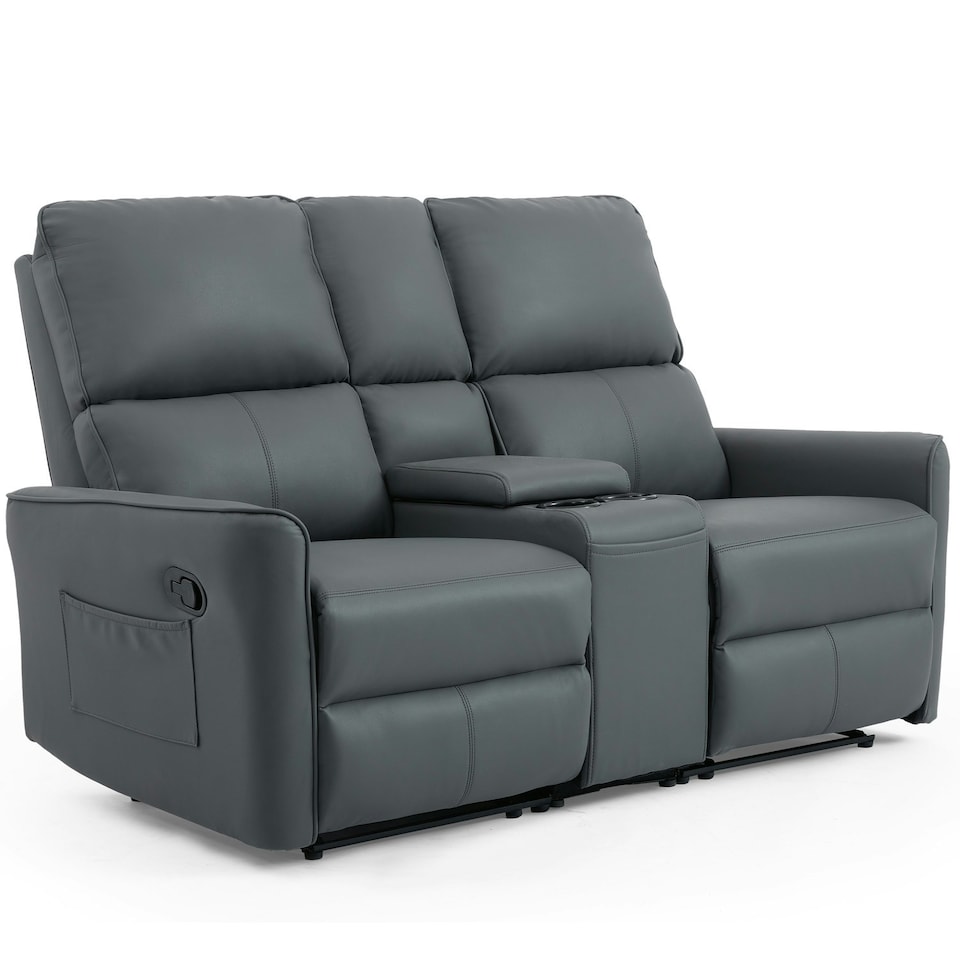 image 1 of Madrid 2 Seater Manual Recliner Air Leather Sofa w Drinks Console Grey