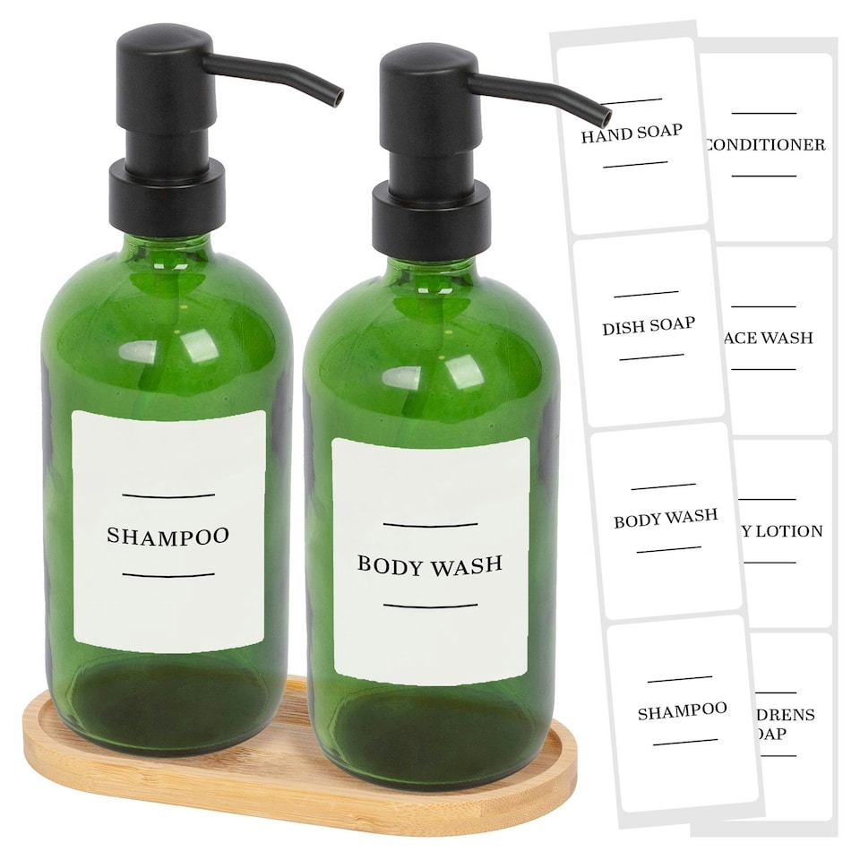 image 1 of Harbour Housewares 2pc Glass Soap Dispenser Set with Bamboo Tray & Labels - 500ml - Green/White