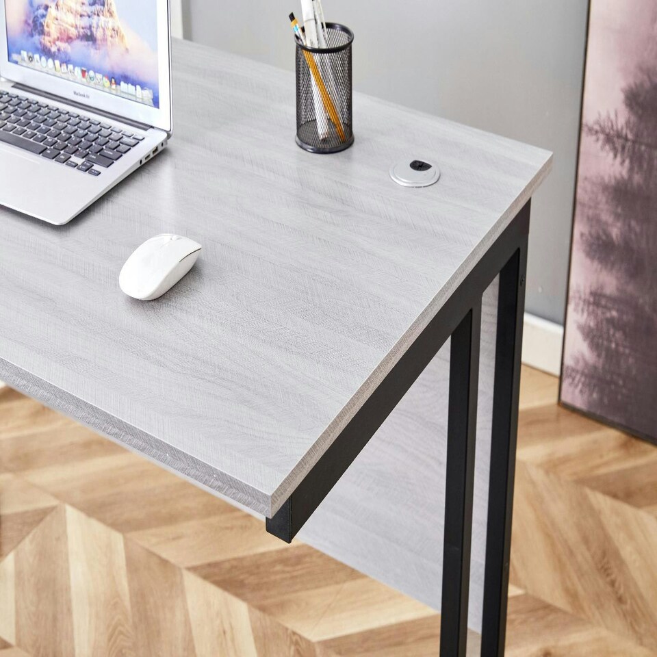 image 1 of Grey Office Desk Wooden Room Furniture with Sturdy Iron Legs for Home, Study, and Office Grey