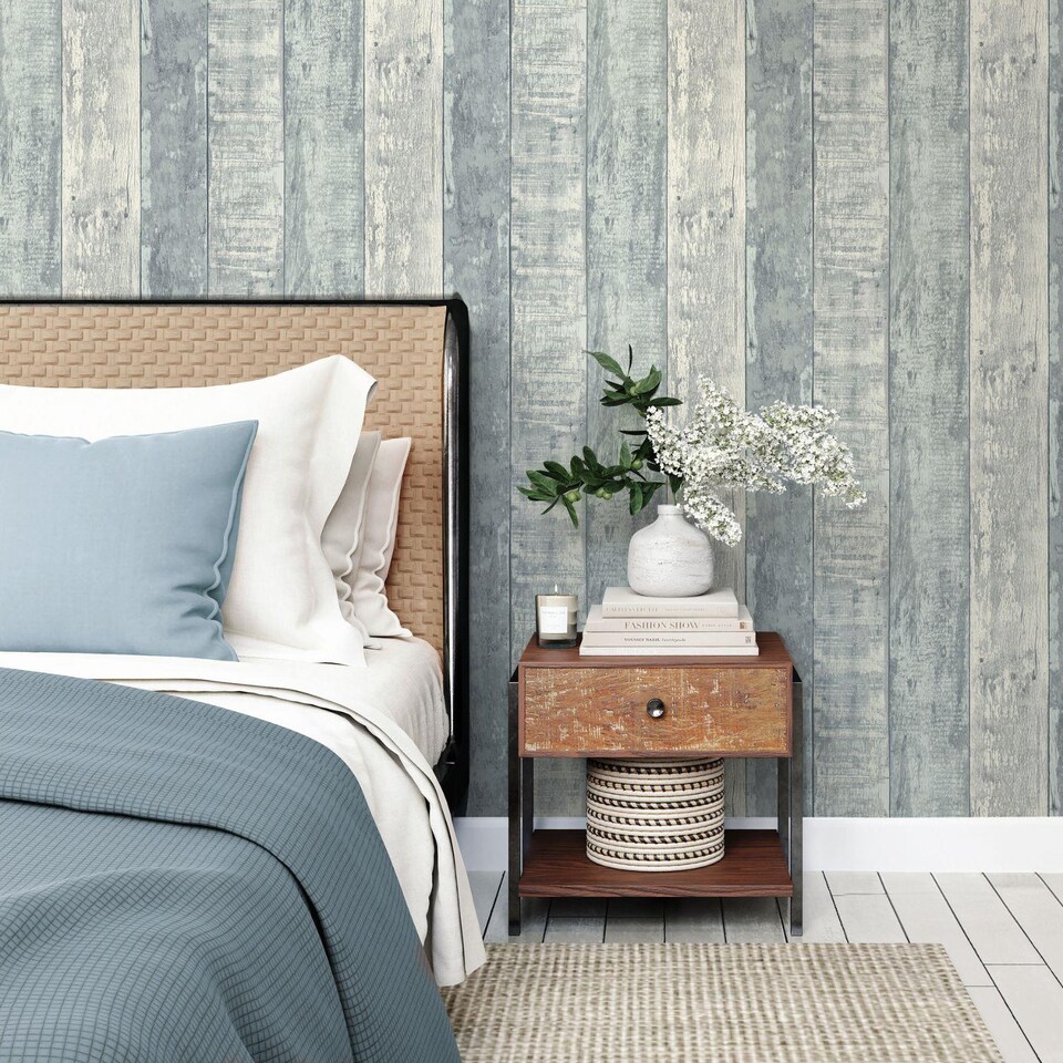 image 1 of Fine Decor Rustic Wood Stripe Blue Wallpaper Paste The Paper Washable Modern Wooden Panel Plank