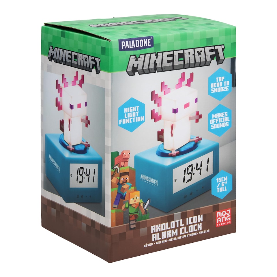 image 1 of Minecraft Axolotl Digital Alarm Clock with Night Light, Gaming Decor Gift for Kids Teens, Official Licensed, Paladone