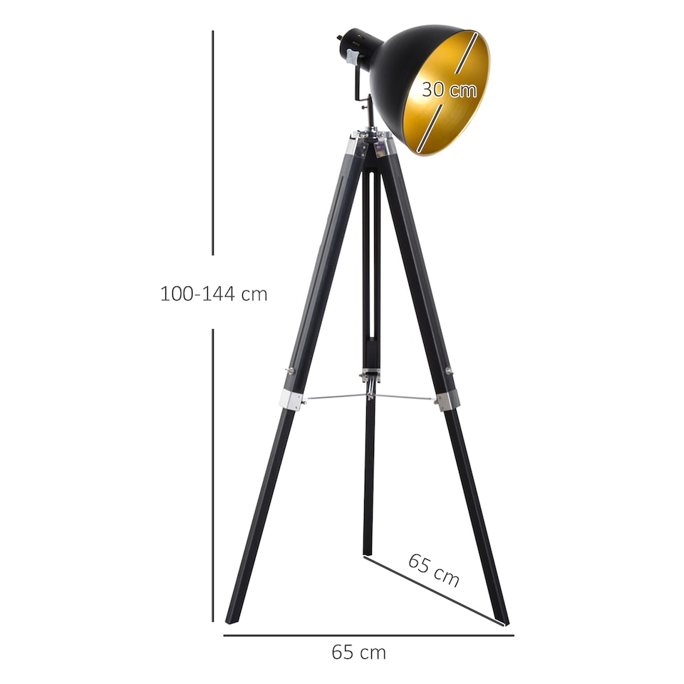 image 1 of HOMCOM Tripod Floor Lamp, Spotlight Reading Lamp w Adjustable Height, Angle, Wood Legs for Living Room, Bedroom, Home, Office, Black and Gold