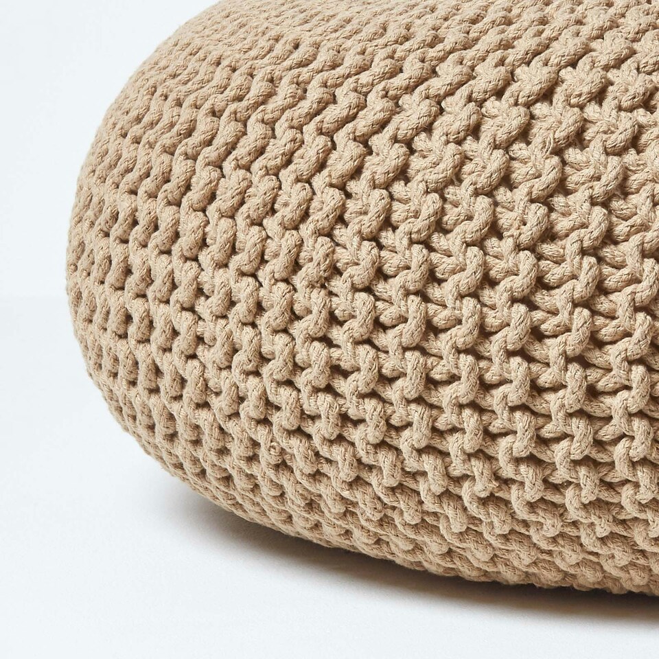 image 1 of Homescapes Linen Large Round Cotton Knitted Pouffe Footstool