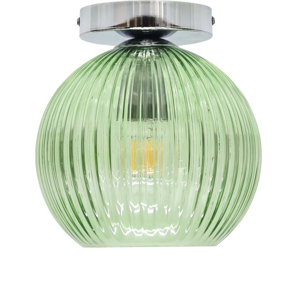 First Choice Lighting Betchley - Green Ribbed Glass Globe Chrome Ceiling Light Fitting