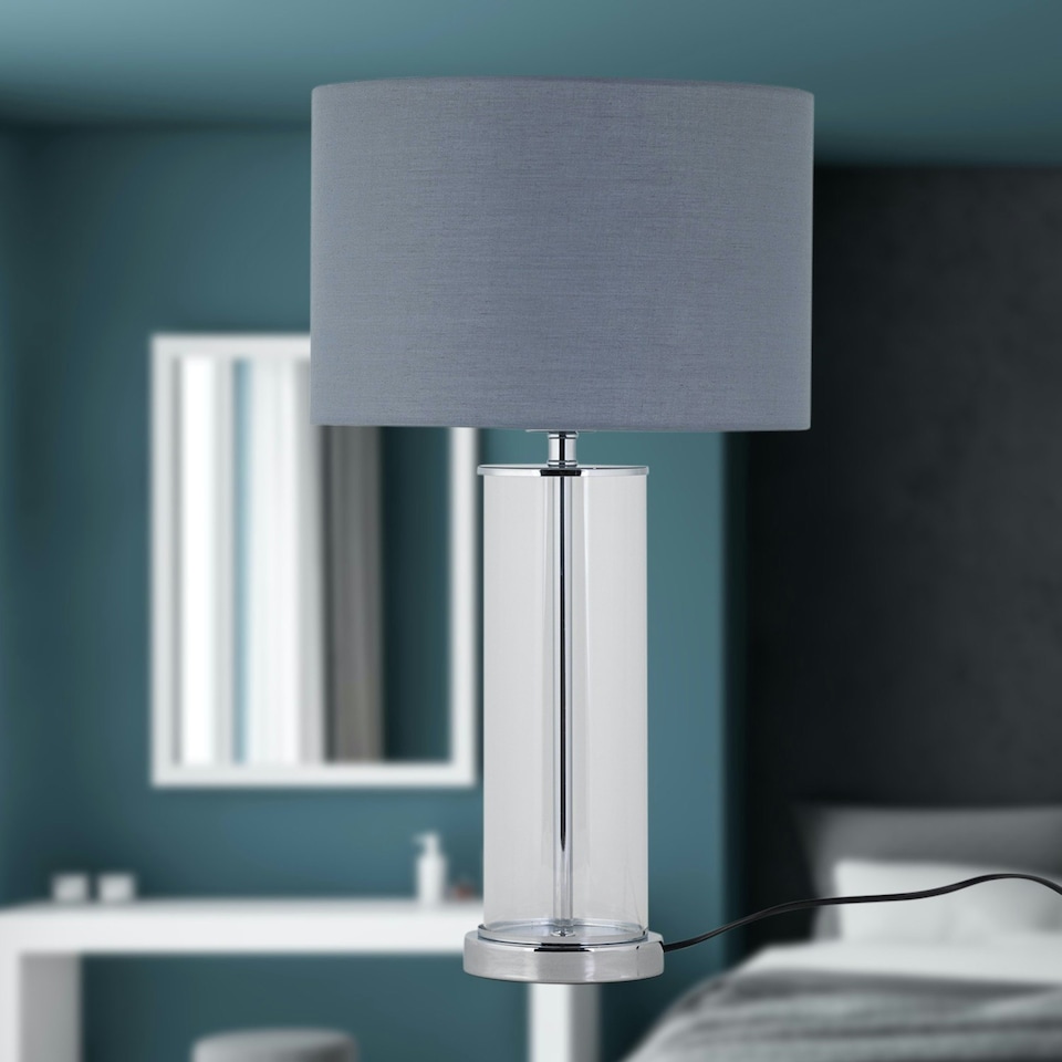 image 1 of Aura - Chrome Table Lamp with Grey Cotton Shade Chrome | Grey