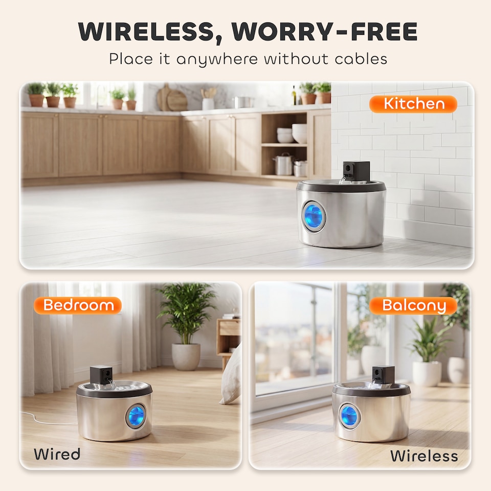 image 1 of PawHut Wireless 4L Cat Water Fountain for Drinking Stainless Steel Cordless | Silver | Silver | 22.5 x 22.5 x 19.5 cm