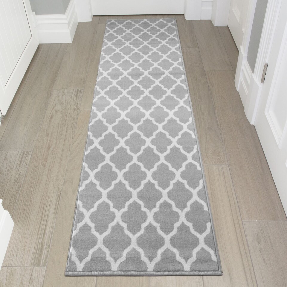 image 1 of KUKOON Grey White Classic Trellis Living Area Rug 60cm x 110cm