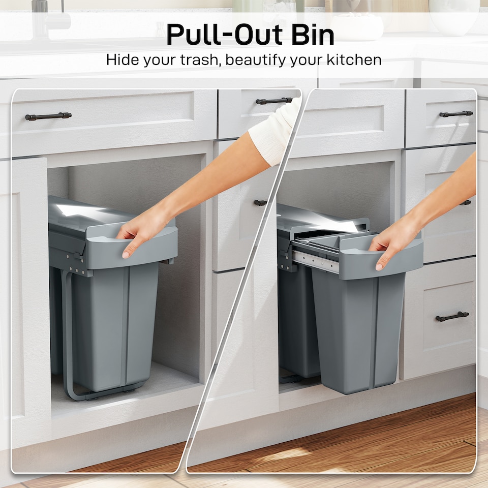 image 1 of HOMCOM Under-Sink Kitchen Trash Bin, 2 Removable Recycling Containers, Grey