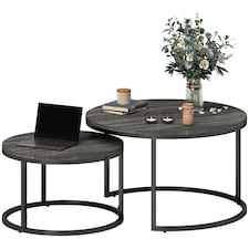 HOMCOM 2 Pcs Stacking Coffee Table Set Steel Frame Marble-Effect Top Foot Pads 