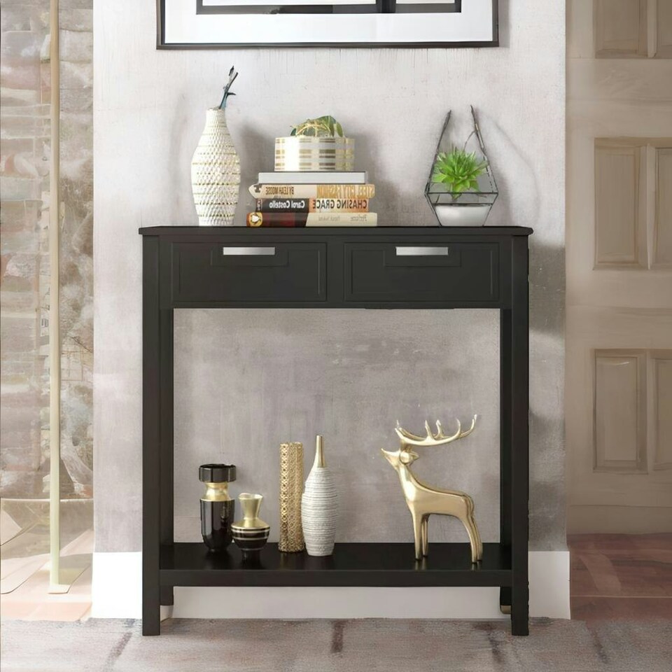 image 1 of Modern Wooden Console Table With 2 Drawers and Shelf Black Black