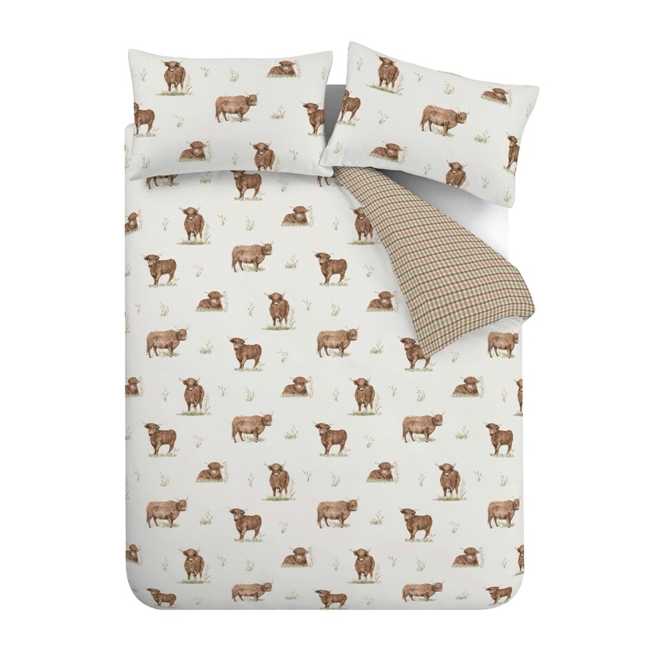 image 1 of Catherine Lansfield Angus Highland Cow Reversible Duvet Cover Set Natural Cream | Natural | King