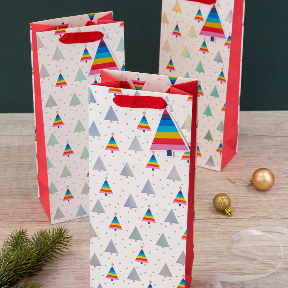 image 1 of Hallmark Pack Of 3 Christmas Bottle Bags - Rainbow Tree Design