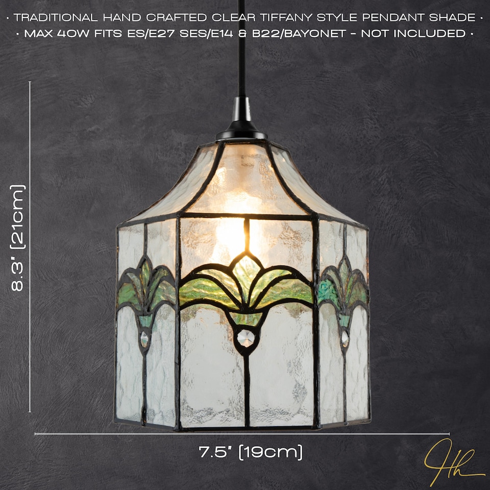 image 1 of Classic Lantern Tiffany Pendant Shade with Clear Water Glass and Emerald Green | Green