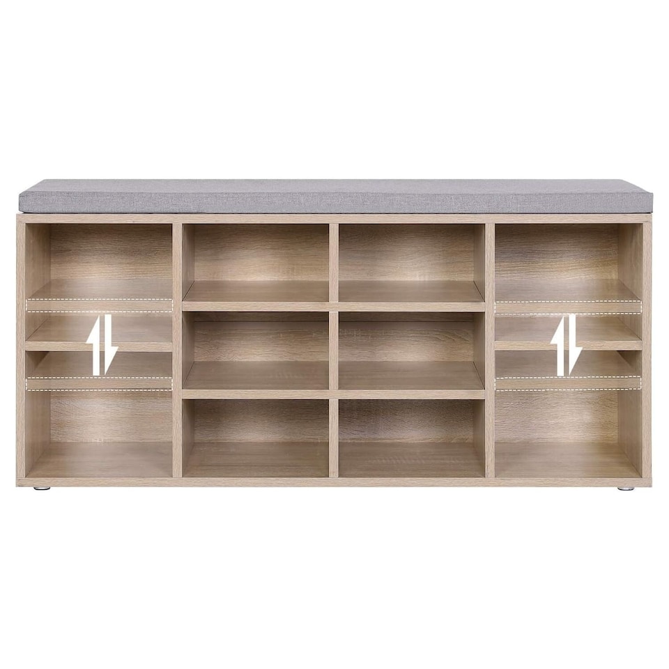 image 1 of 10-Compartment Shoe Storage Bench Cabinet with Cushion Seat, Oak Colour