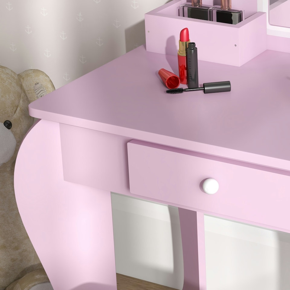 image 1 of ZONEKIZ Kids Dressing Table, Cloud Design w/ Mirror, Stool, Drawer, Storage Box Pink