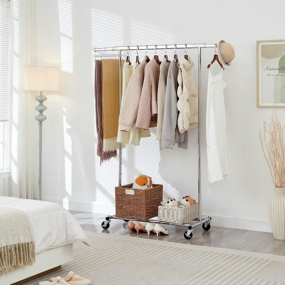 image 1 of Heavy Duty Chrome Clothes Rail Adjustable Width Height with Shelf Locking Wheels Chrome | One Size