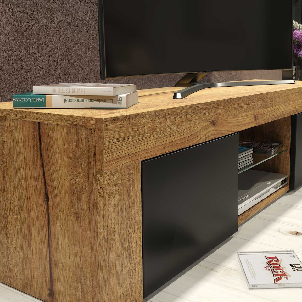 image 1 of TV Unit TV Stand Oak Black Media Console Sideboard Storage Cabinet 130cm